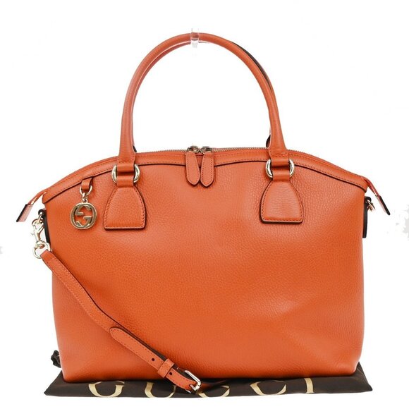 GUCCI Logo Interlocking GG Charm 2Way Shoulder Hand Bag Leather Orange - Picture 1 of 16